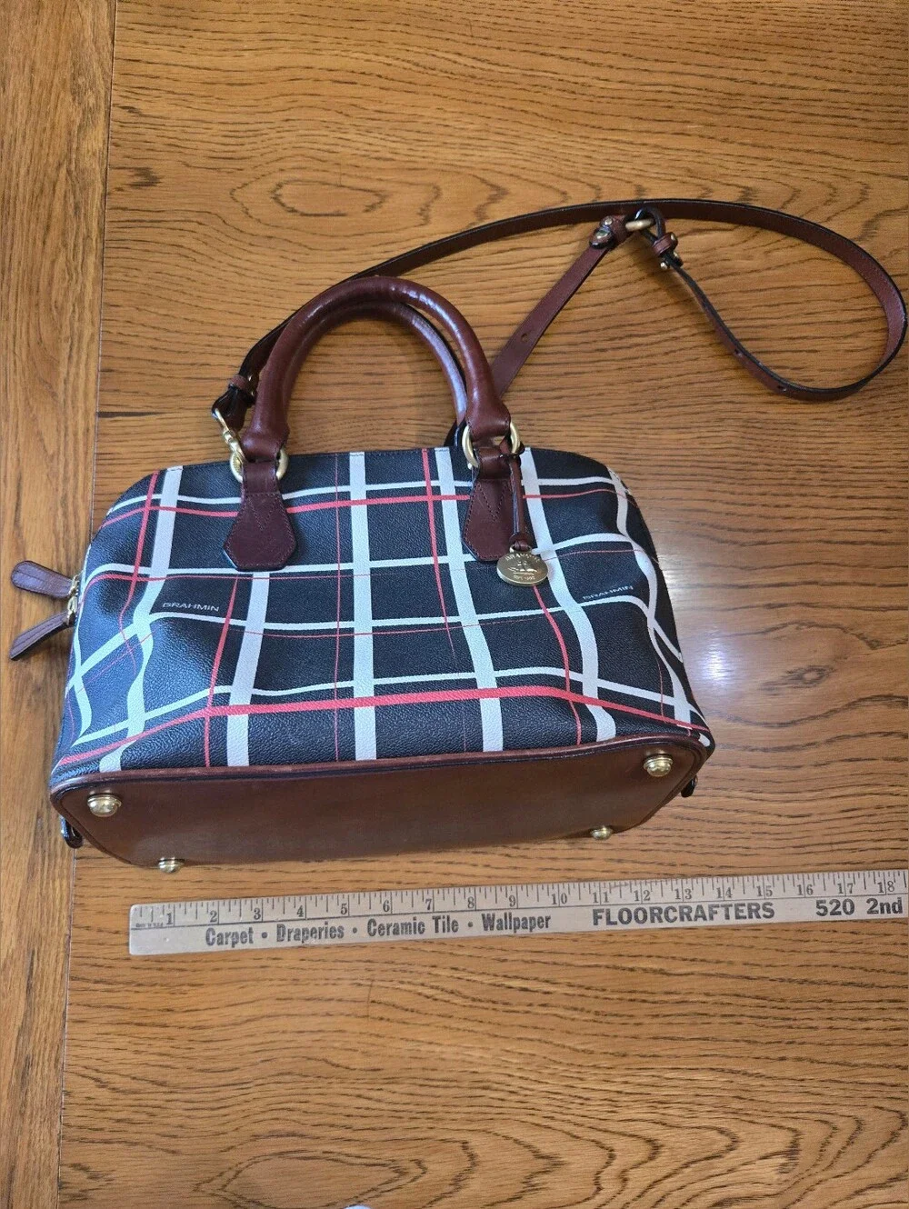 Brahmin Black Plaid Dome Satchel with Brown Trim and Red Accent